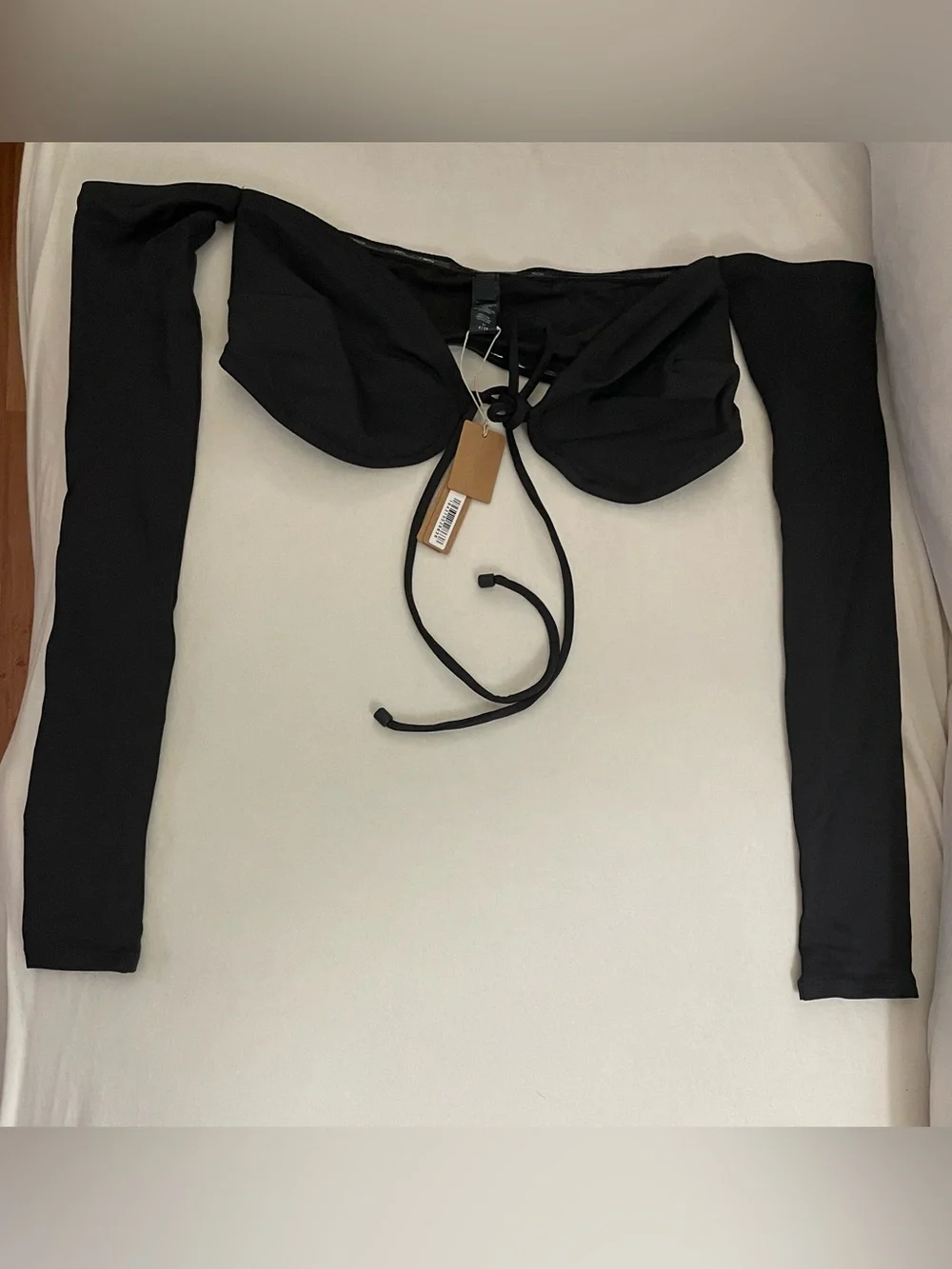 Skims NWT Swim Long Sleeve Bikini Top Only Black Onyx Strapless Tie-Front Size S